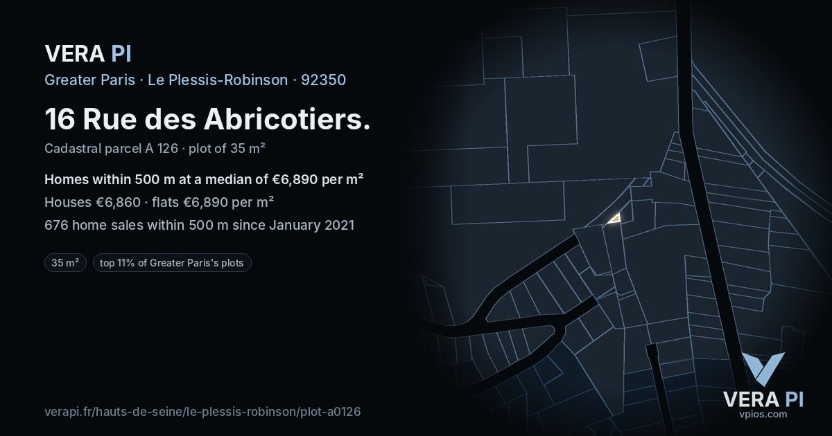 16 Rue des Abricotiers, Le Plessis-Robinson at night – the plot lit, the parcels around coloured by the prices near them