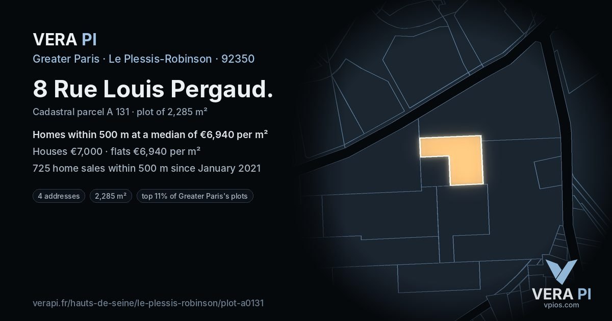 8 Rue Louis Pergaud, Le Plessis-Robinson at night – the plot lit, the parcels around coloured by the prices near them