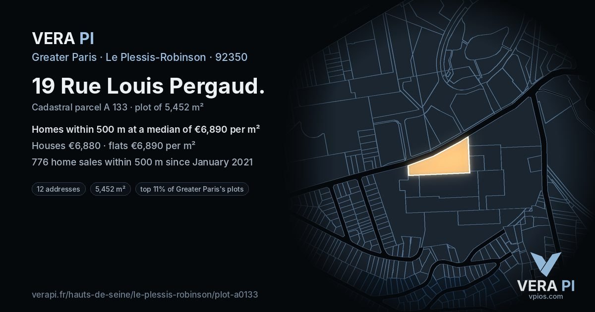 19 Rue Louis Pergaud, Le Plessis-Robinson at night – the plot lit, the parcels around coloured by the prices near them