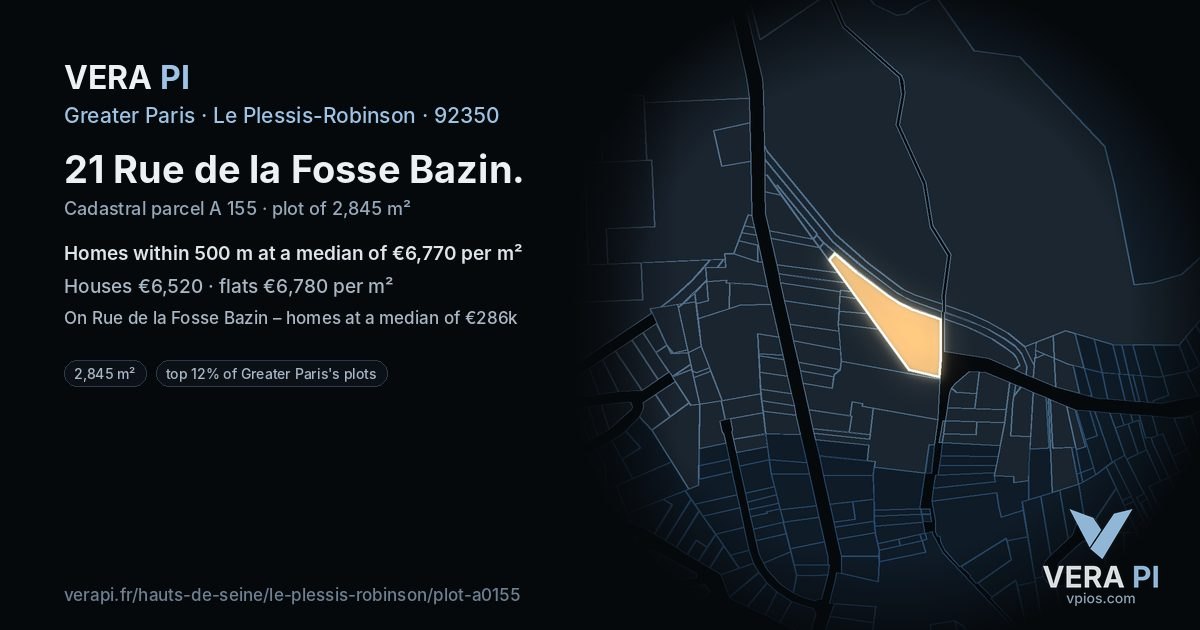 21 Rue de la Fosse Bazin, Le Plessis-Robinson at night – the plot lit, the parcels around coloured by the prices near them