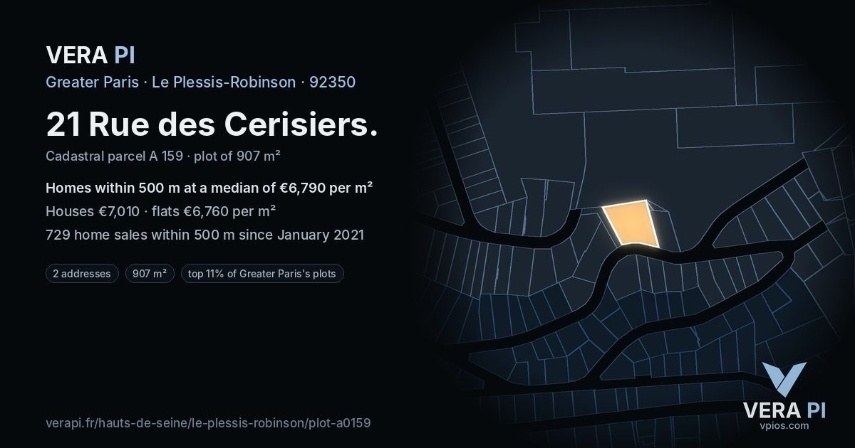 21 Rue des Cerisiers, Le Plessis-Robinson at night – the plot lit, the parcels around coloured by the prices near them