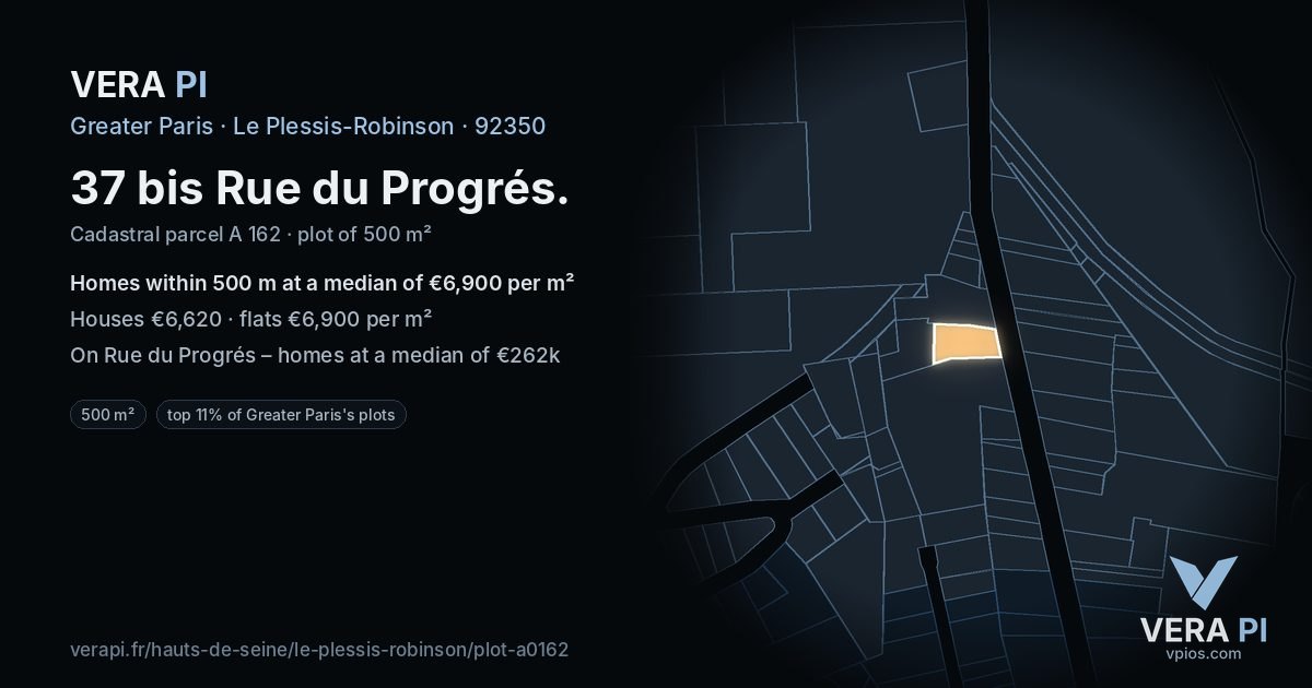 37 bis Rue du Progrés, Le Plessis-Robinson at night – the plot lit, the parcels around coloured by the prices near them