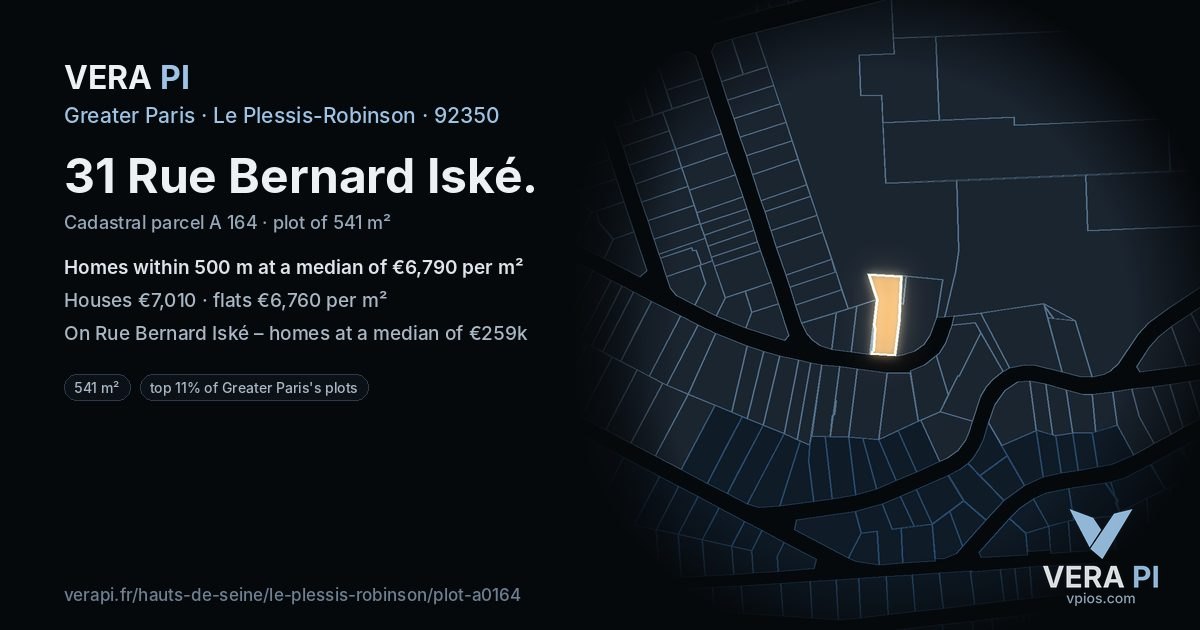 31 Rue Bernard Iské, Le Plessis-Robinson at night – the plot lit, the parcels around coloured by the prices near them