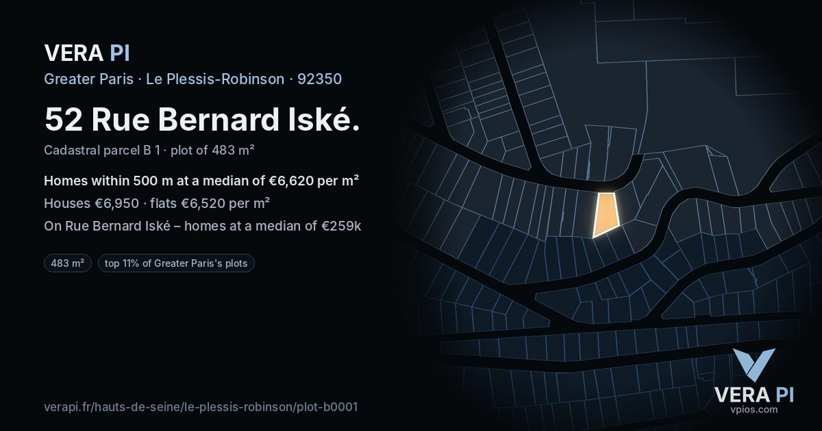 52 Rue Bernard Iské, Le Plessis-Robinson at night – the plot lit, the parcels around coloured by the prices near them