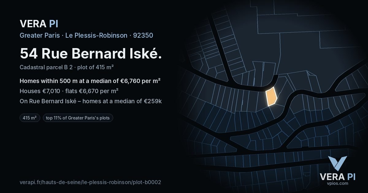 54 Rue Bernard Iské, Le Plessis-Robinson at night – the plot lit, the parcels around coloured by the prices near them