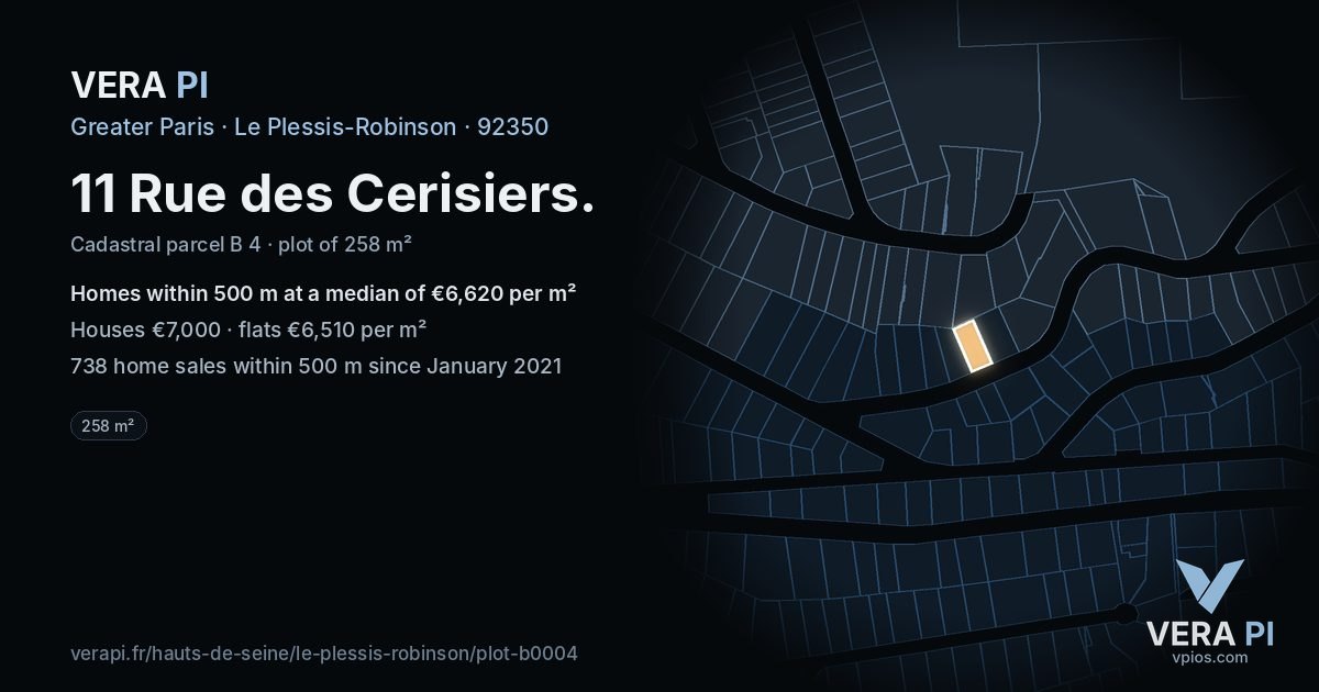 11 Rue des Cerisiers, Le Plessis-Robinson at night – the plot lit, the parcels around coloured by the prices near them