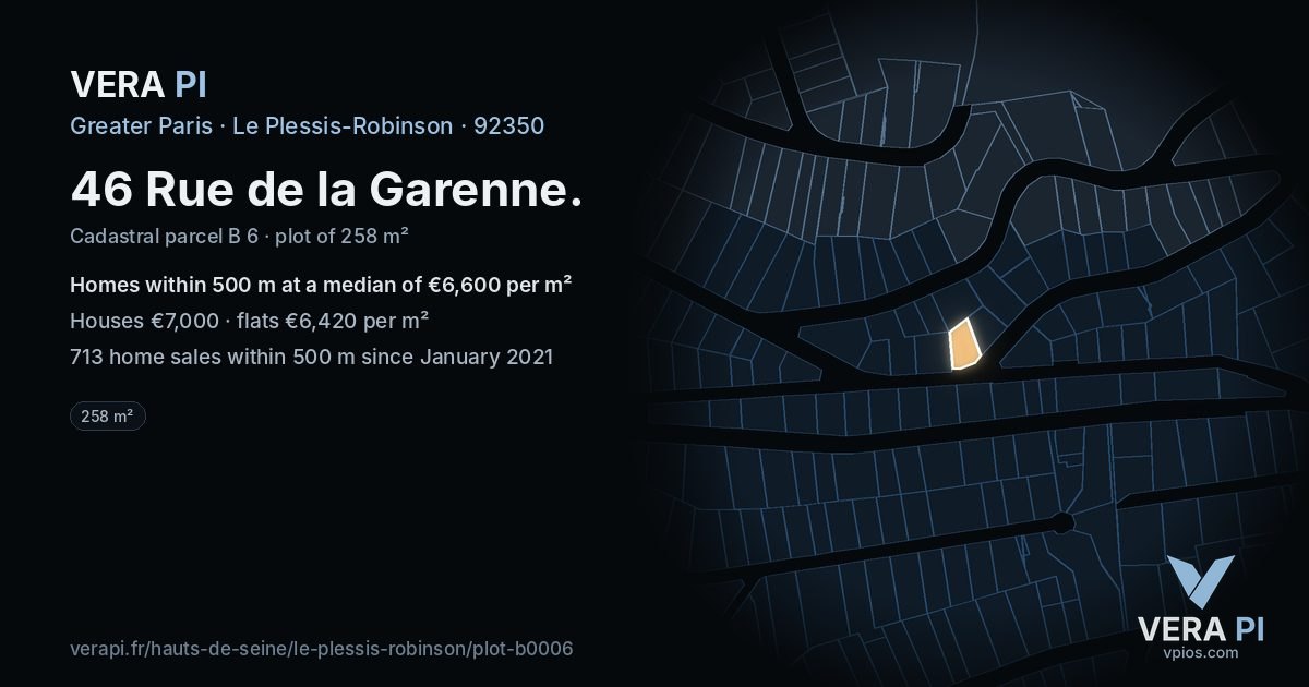 46 Rue de la Garenne, Le Plessis-Robinson at night – the plot lit, the parcels around coloured by the prices near them