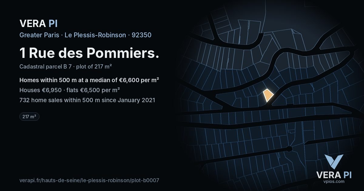 1 Rue des Pommiers, Le Plessis-Robinson at night – the plot lit, the parcels around coloured by the prices near them