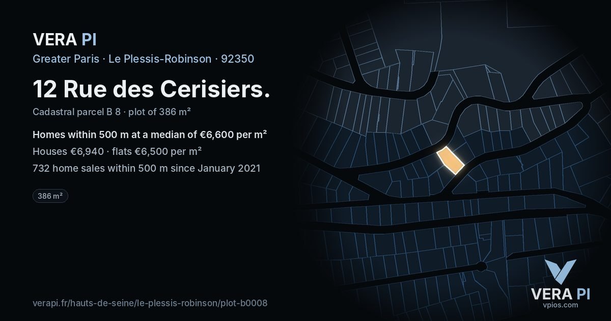 12 Rue des Cerisiers, Le Plessis-Robinson at night – the plot lit, the parcels around coloured by the prices near them