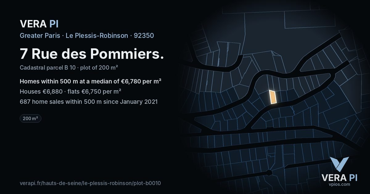 7 Rue des Pommiers, Le Plessis-Robinson at night – the plot lit, the parcels around coloured by the prices near them