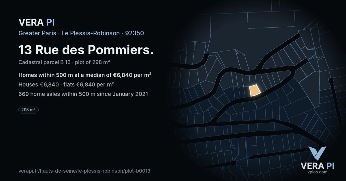 13 Rue des Pommiers, Le Plessis-Robinson at night – the plot lit, the parcels around coloured by the prices near them