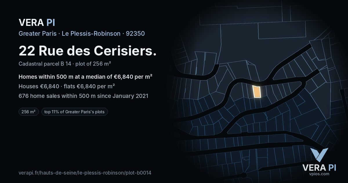 22 Rue des Cerisiers, Le Plessis-Robinson at night – the plot lit, the parcels around coloured by the prices near them