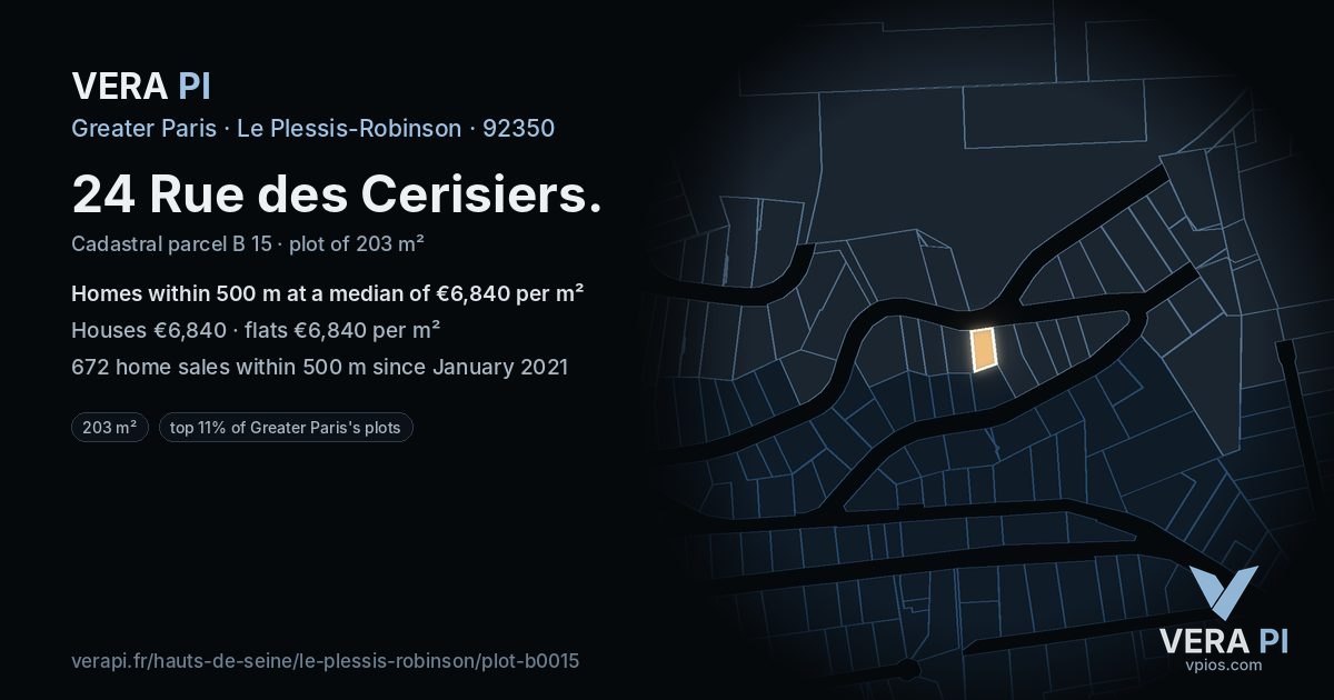 24 Rue des Cerisiers, Le Plessis-Robinson at night – the plot lit, the parcels around coloured by the prices near them