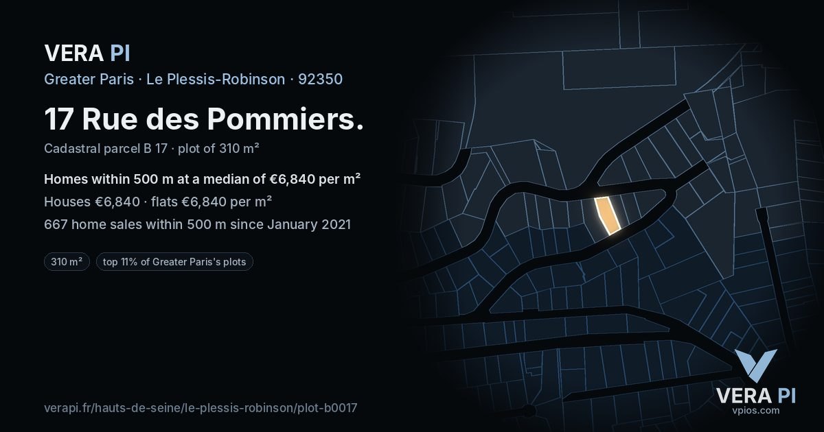 17 Rue des Pommiers, Le Plessis-Robinson at night – the plot lit, the parcels around coloured by the prices near them