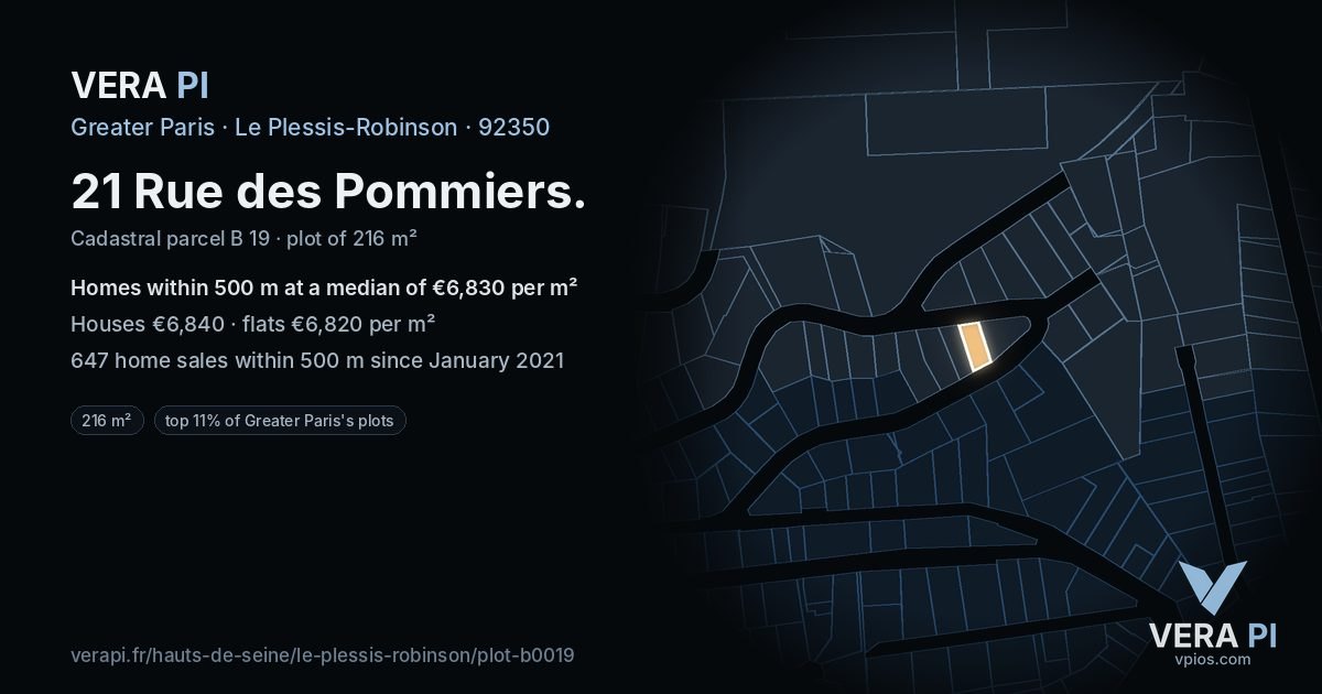 21 Rue des Pommiers, Le Plessis-Robinson at night – the plot lit, the parcels around coloured by the prices near them
