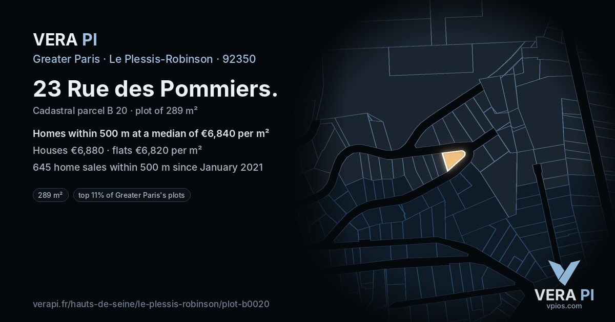 23 Rue des Pommiers, Le Plessis-Robinson at night – the plot lit, the parcels around coloured by the prices near them