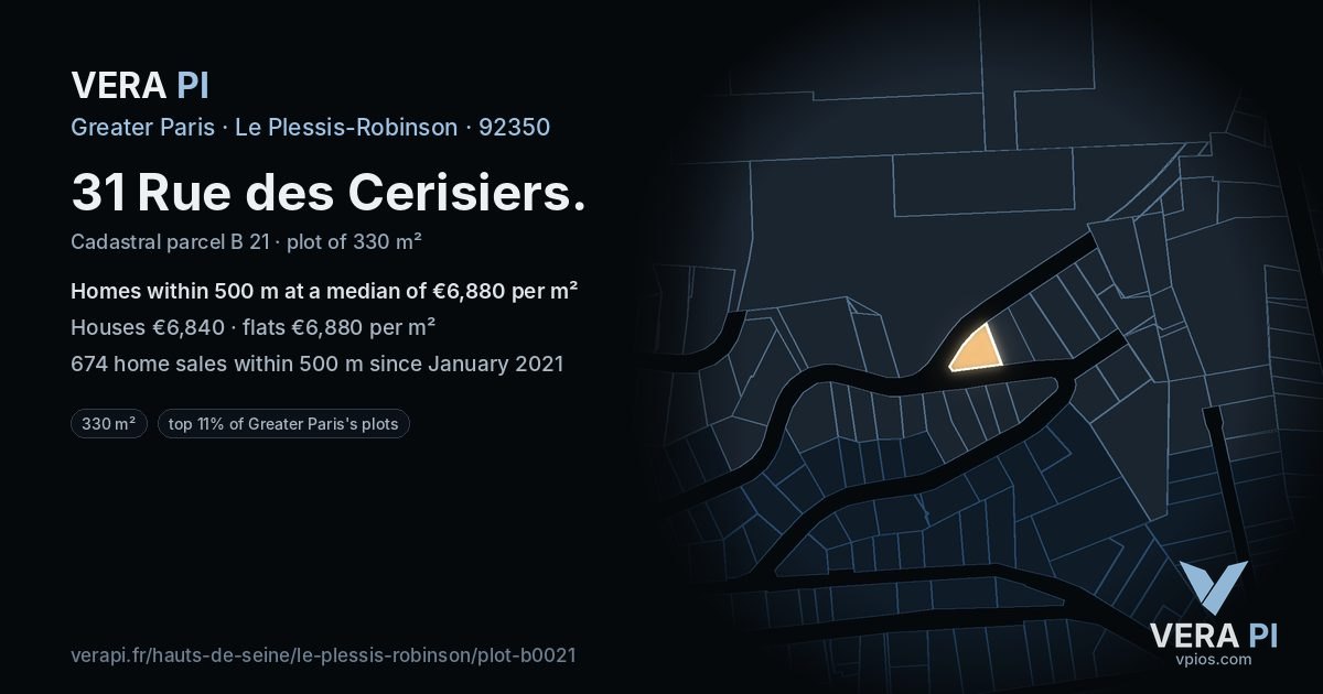 31 Rue des Cerisiers, Le Plessis-Robinson at night – the plot lit, the parcels around coloured by the prices near them