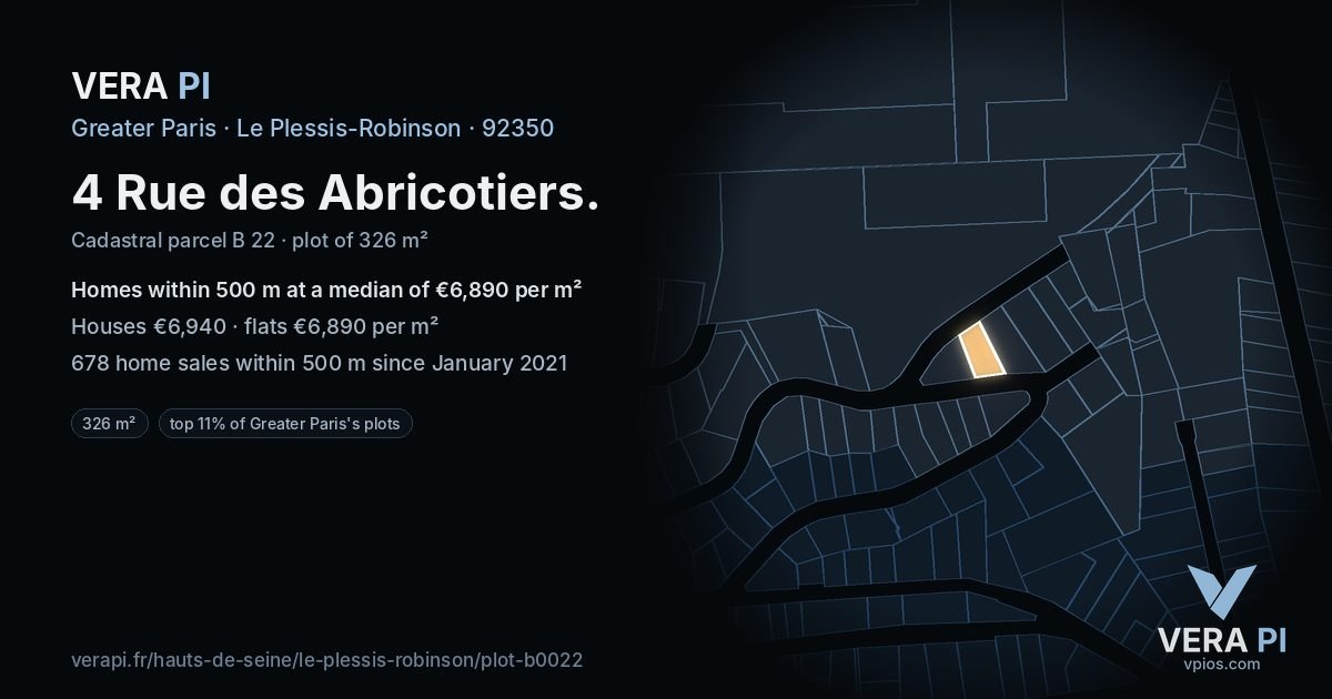 4 Rue des Abricotiers, Le Plessis-Robinson at night – the plot lit, the parcels around coloured by the prices near them