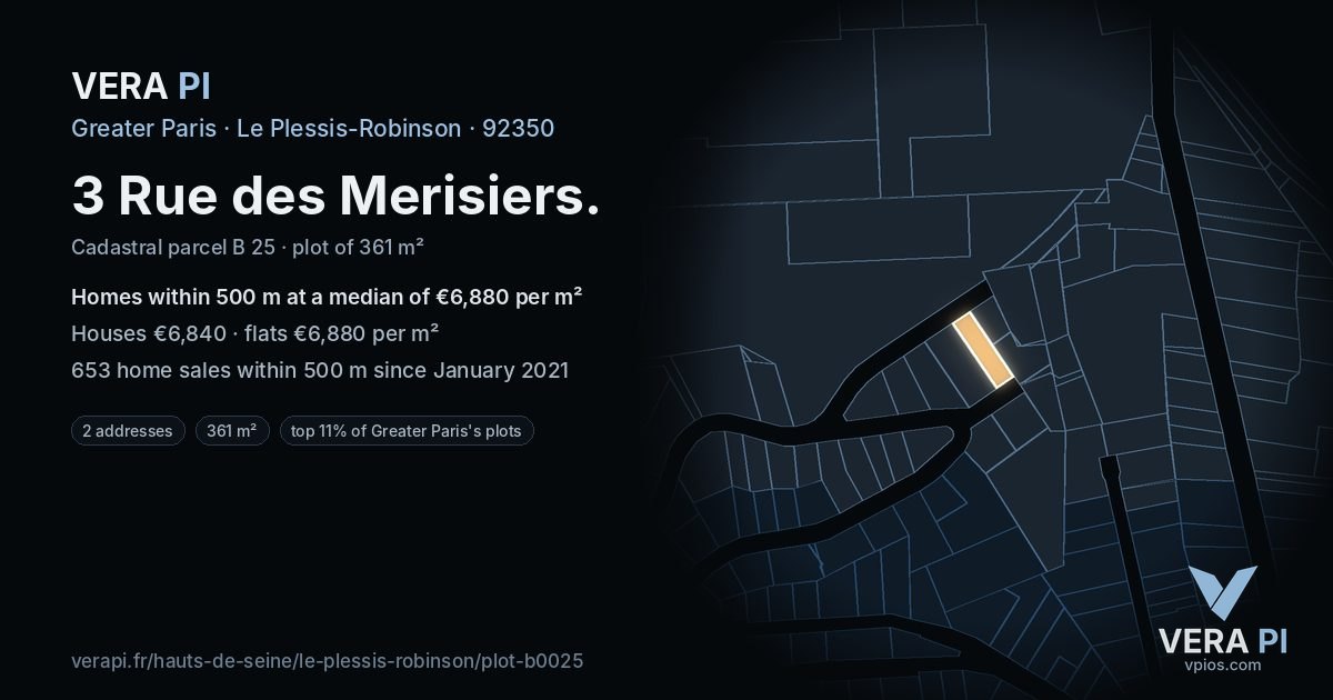 3 Rue des Merisiers, Le Plessis-Robinson at night – the plot lit, the parcels around coloured by the prices near them