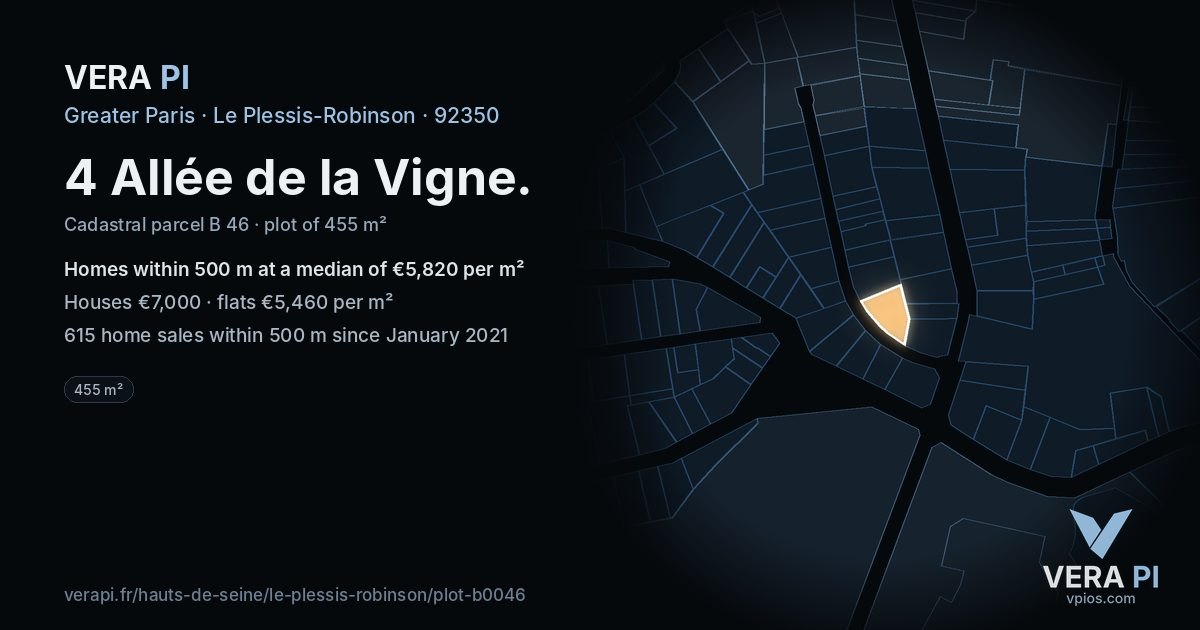 4 Allée de la Vigne, Le Plessis-Robinson at night – the plot lit, the parcels around coloured by the prices near them