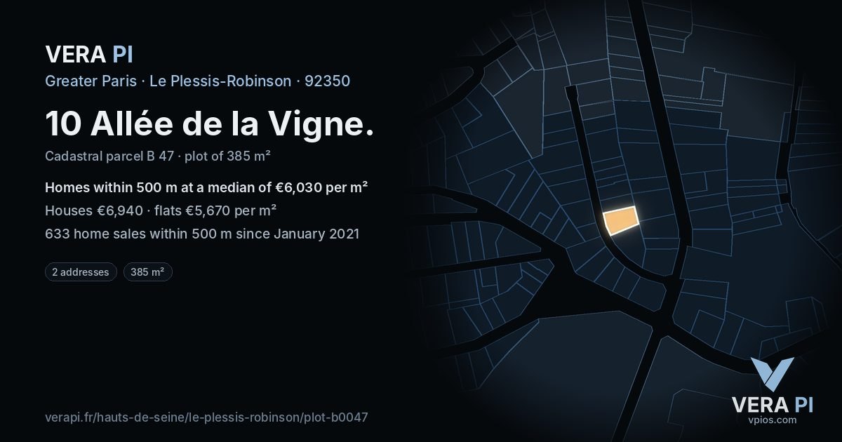 10 Allée de la Vigne, Le Plessis-Robinson at night – the plot lit, the parcels around coloured by the prices near them