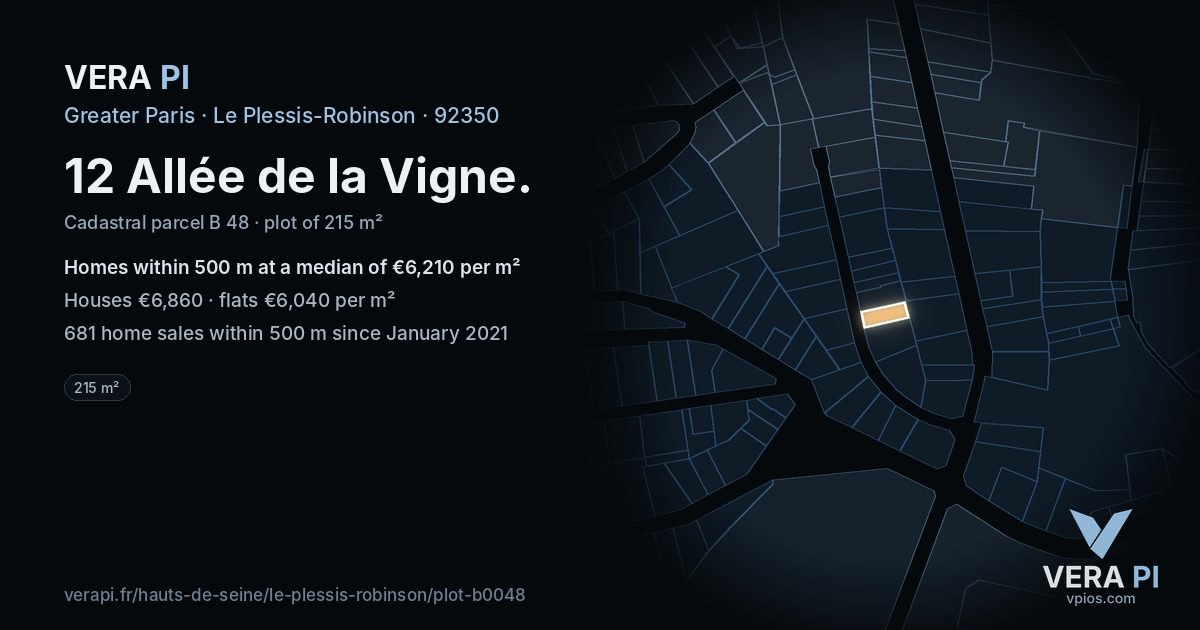 12 Allée de la Vigne, Le Plessis-Robinson at night – the plot lit, the parcels around coloured by the prices near them