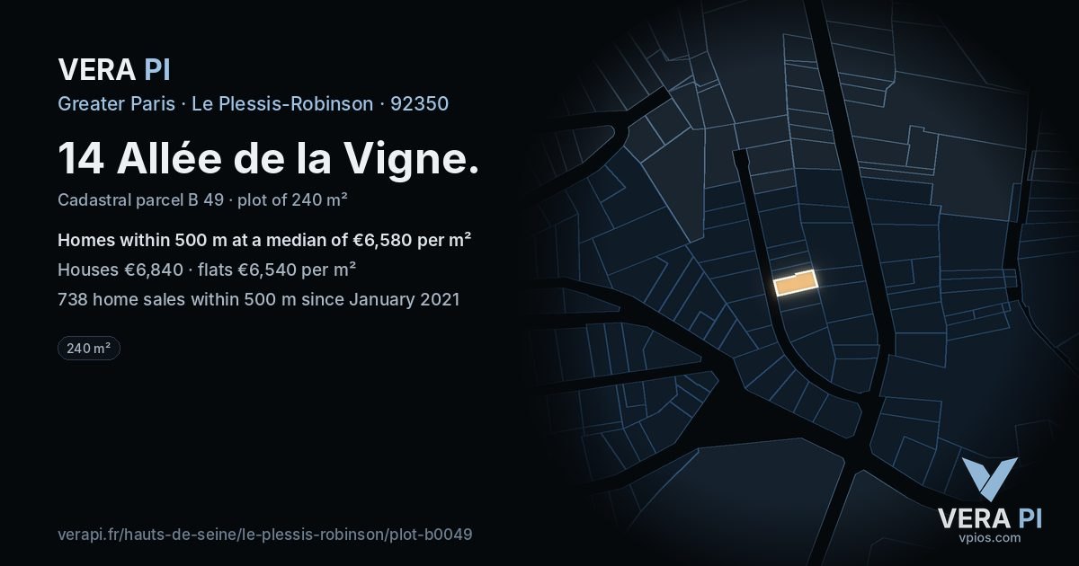14 Allée de la Vigne, Le Plessis-Robinson at night – the plot lit, the parcels around coloured by the prices near them