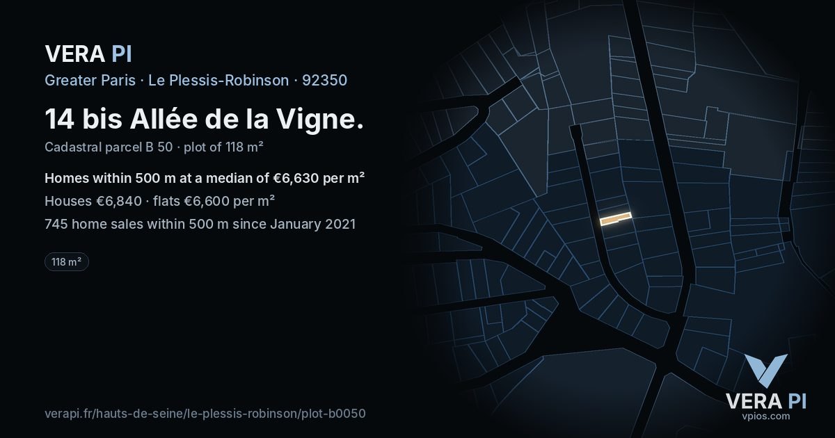 14 bis Allée de la Vigne, Le Plessis-Robinson at night – the plot lit, the parcels around coloured by the prices near them