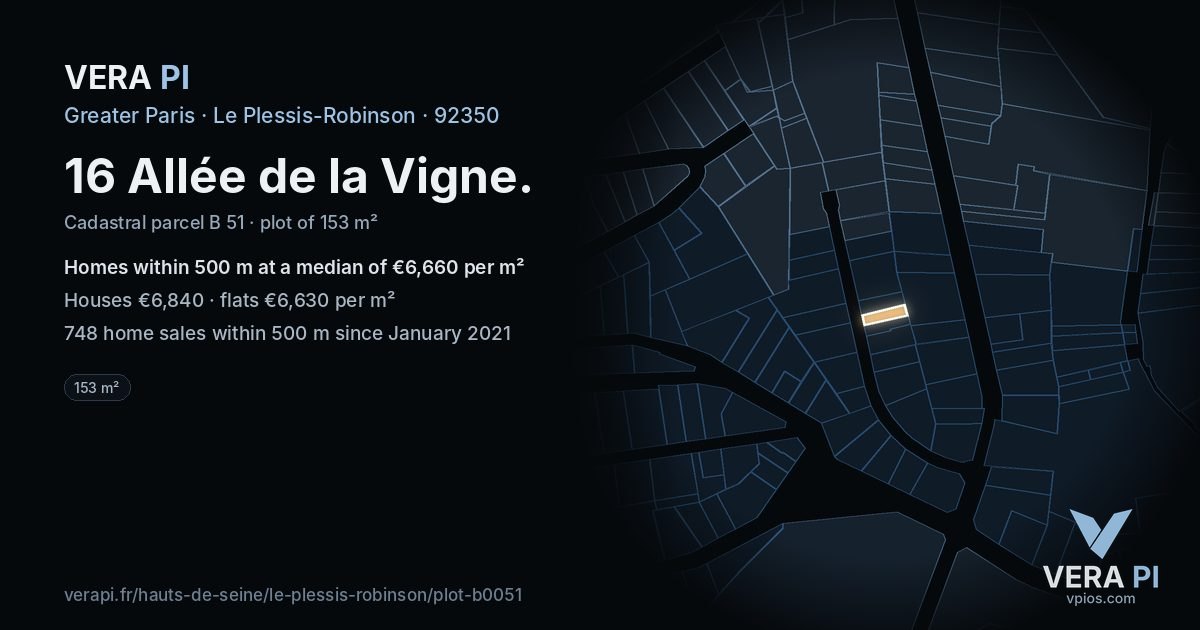 16 Allée de la Vigne, Le Plessis-Robinson at night – the plot lit, the parcels around coloured by the prices near them