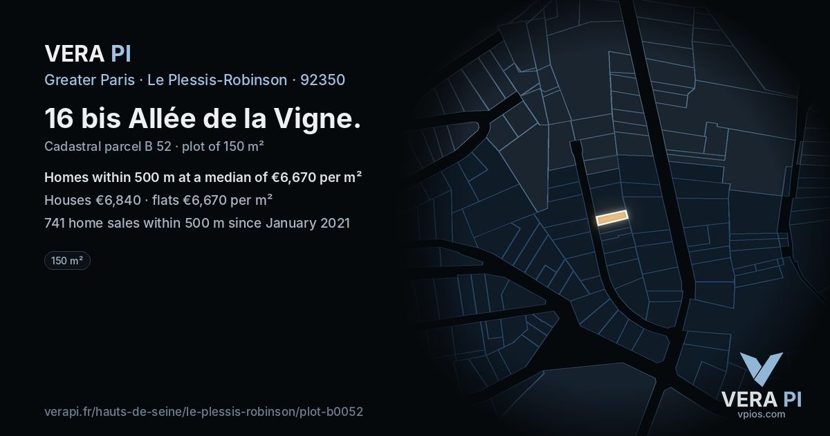 16 bis Allée de la Vigne, Le Plessis-Robinson at night – the plot lit, the parcels around coloured by the prices near them