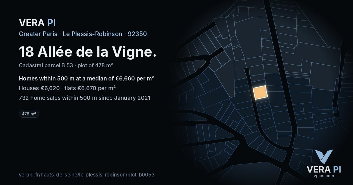 18 Allée de la Vigne, Le Plessis-Robinson at night – the plot lit, the parcels around coloured by the prices near them