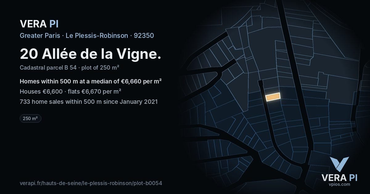 20 Allée de la Vigne, Le Plessis-Robinson at night – the plot lit, the parcels around coloured by the prices near them