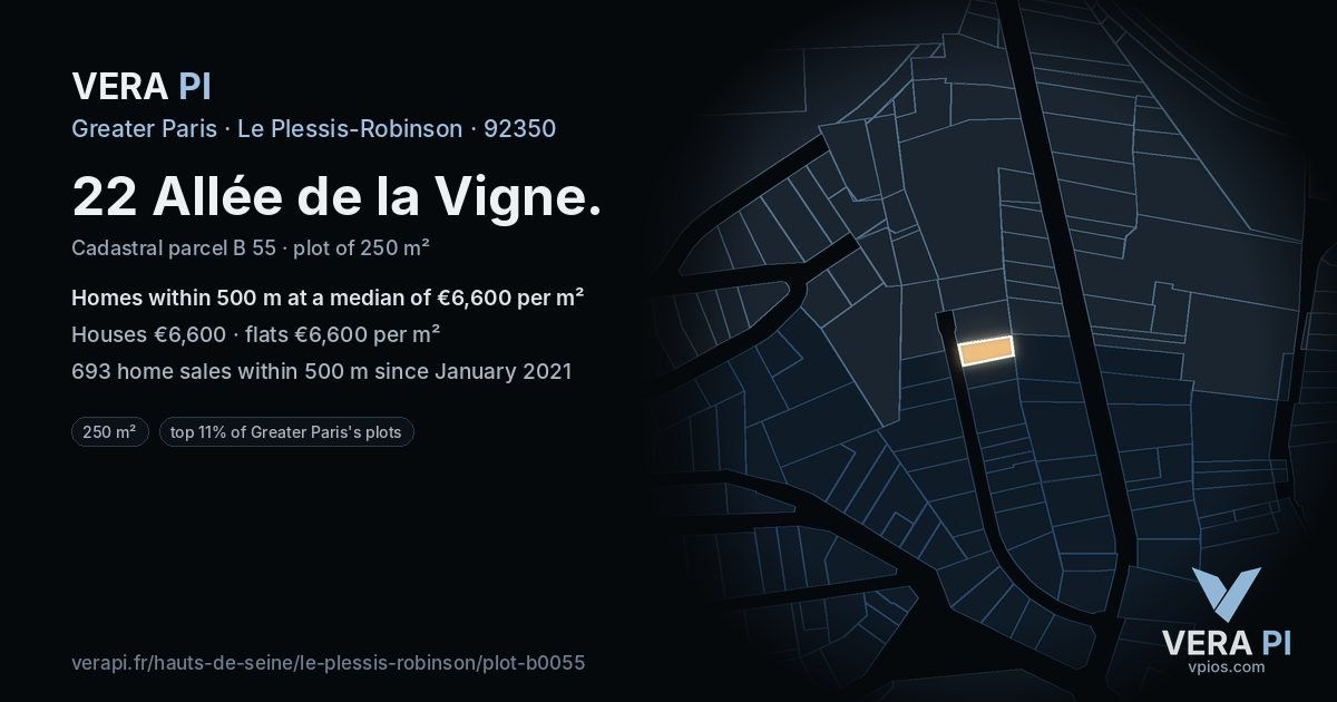 22 Allée de la Vigne, Le Plessis-Robinson at night – the plot lit, the parcels around coloured by the prices near them