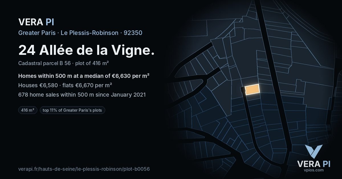24 Allée de la Vigne, Le Plessis-Robinson at night – the plot lit, the parcels around coloured by the prices near them