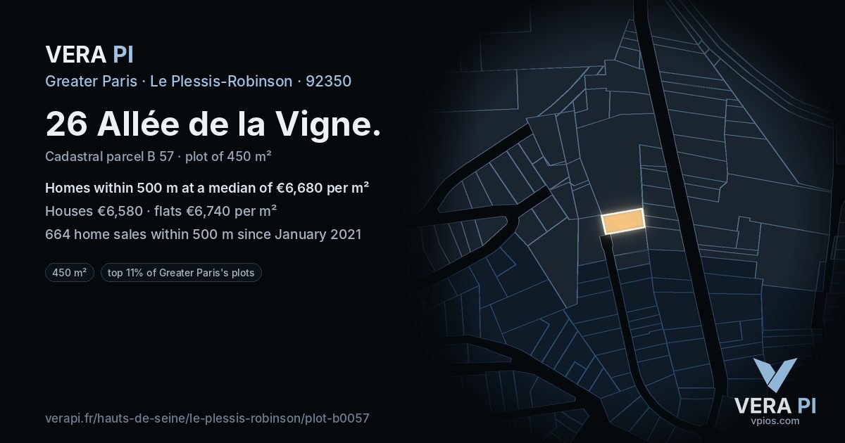 26 Allée de la Vigne, Le Plessis-Robinson at night – the plot lit, the parcels around coloured by the prices near them