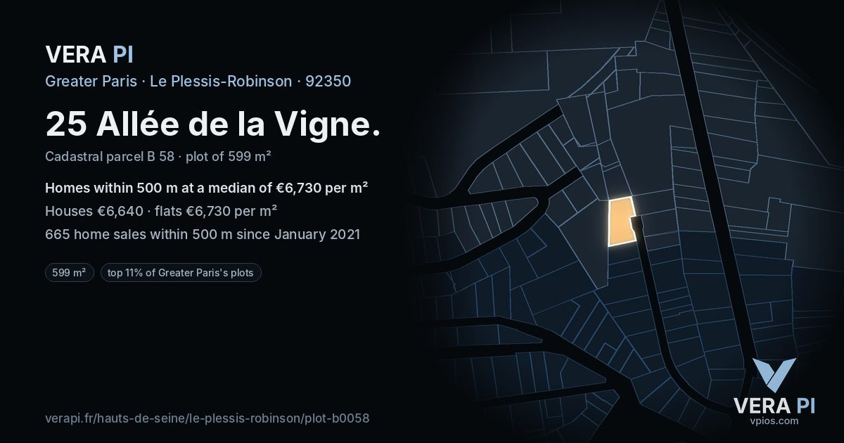 25 Allée de la Vigne, Le Plessis-Robinson at night – the plot lit, the parcels around coloured by the prices near them