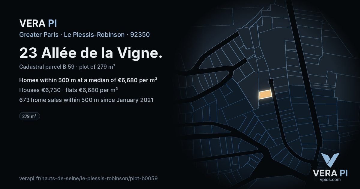 23 Allée de la Vigne, Le Plessis-Robinson at night – the plot lit, the parcels around coloured by the prices near them