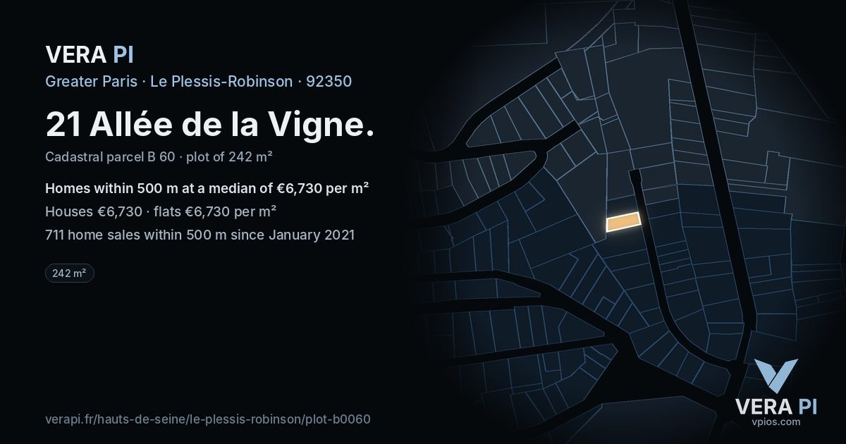 21 Allée de la Vigne, Le Plessis-Robinson at night – the plot lit, the parcels around coloured by the prices near them