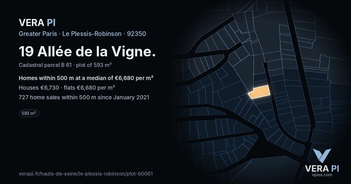 19 Allée de la Vigne, Le Plessis-Robinson at night – the plot lit, the parcels around coloured by the prices near them