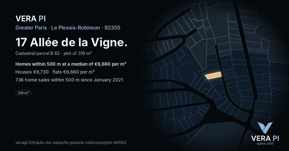 17 Allée de la Vigne, Le Plessis-Robinson at night – the plot lit, the parcels around coloured by the prices near them