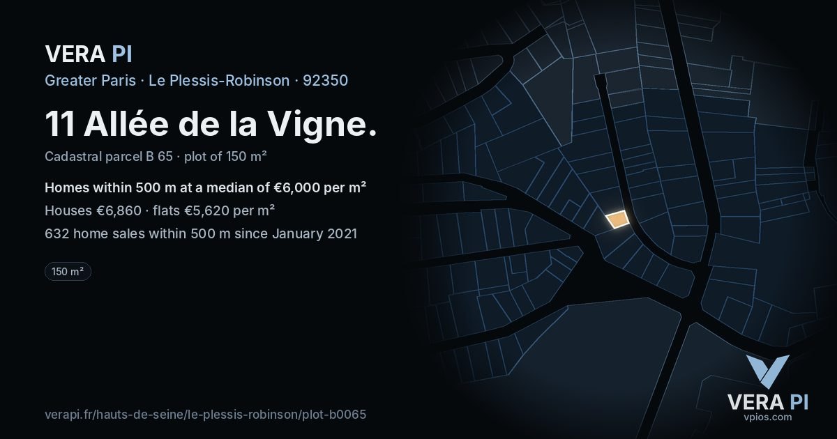 11 Allée de la Vigne, Le Plessis-Robinson at night – the plot lit, the parcels around coloured by the prices near them