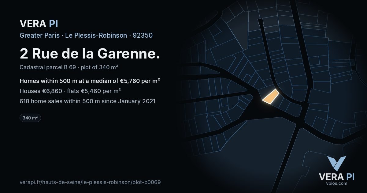 2 Rue de la Garenne, Le Plessis-Robinson at night – the plot lit, the parcels around coloured by the prices near them