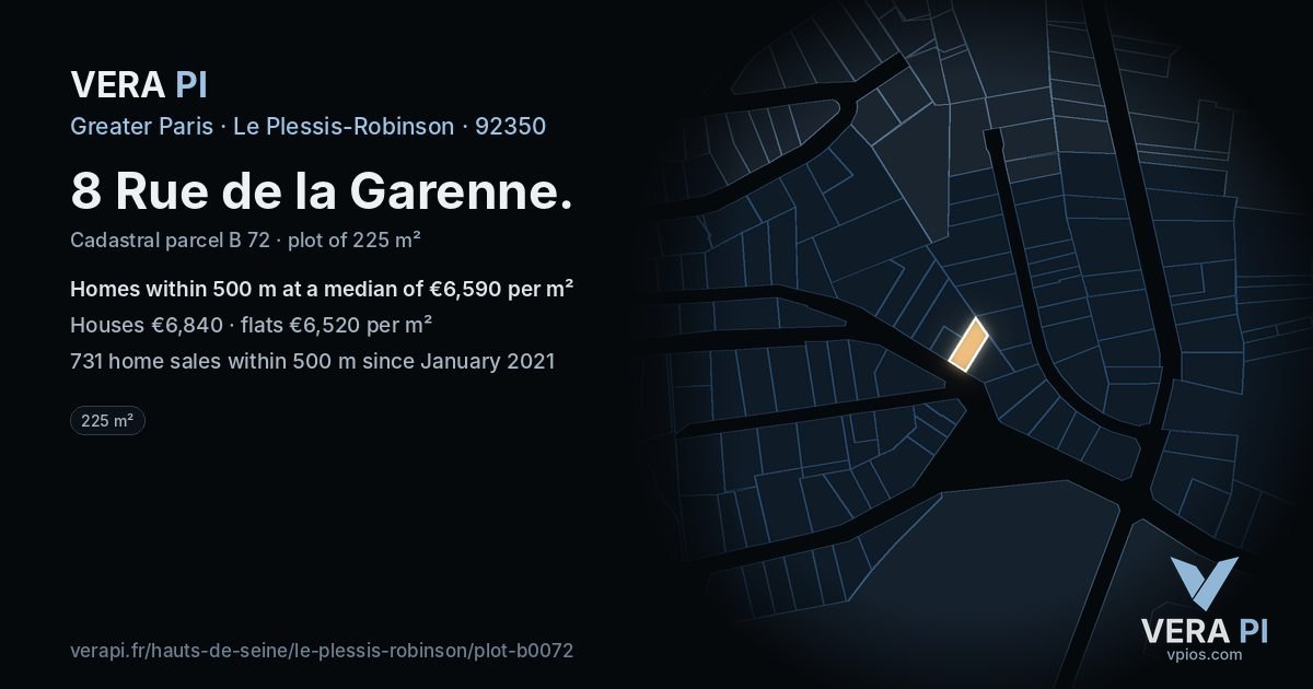 8 Rue de la Garenne, Le Plessis-Robinson at night – the plot lit, the parcels around coloured by the prices near them