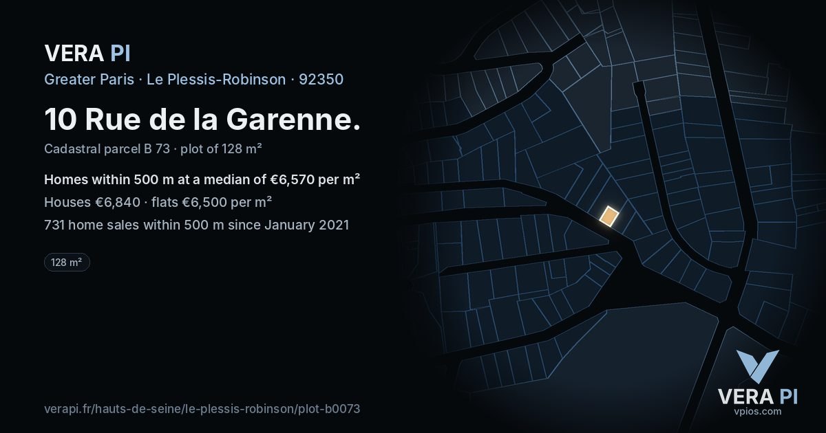 10 Rue de la Garenne, Le Plessis-Robinson at night – the plot lit, the parcels around coloured by the prices near them