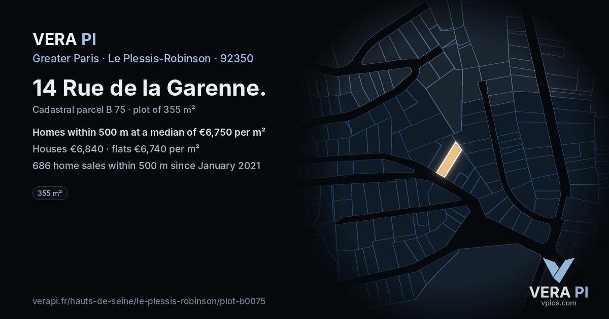 14 Rue de la Garenne, Le Plessis-Robinson at night – the plot lit, the parcels around coloured by the prices near them