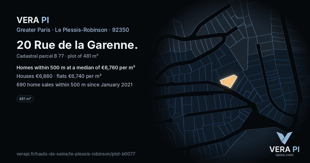 20 Rue de la Garenne, Le Plessis-Robinson at night – the plot lit, the parcels around coloured by the prices near them