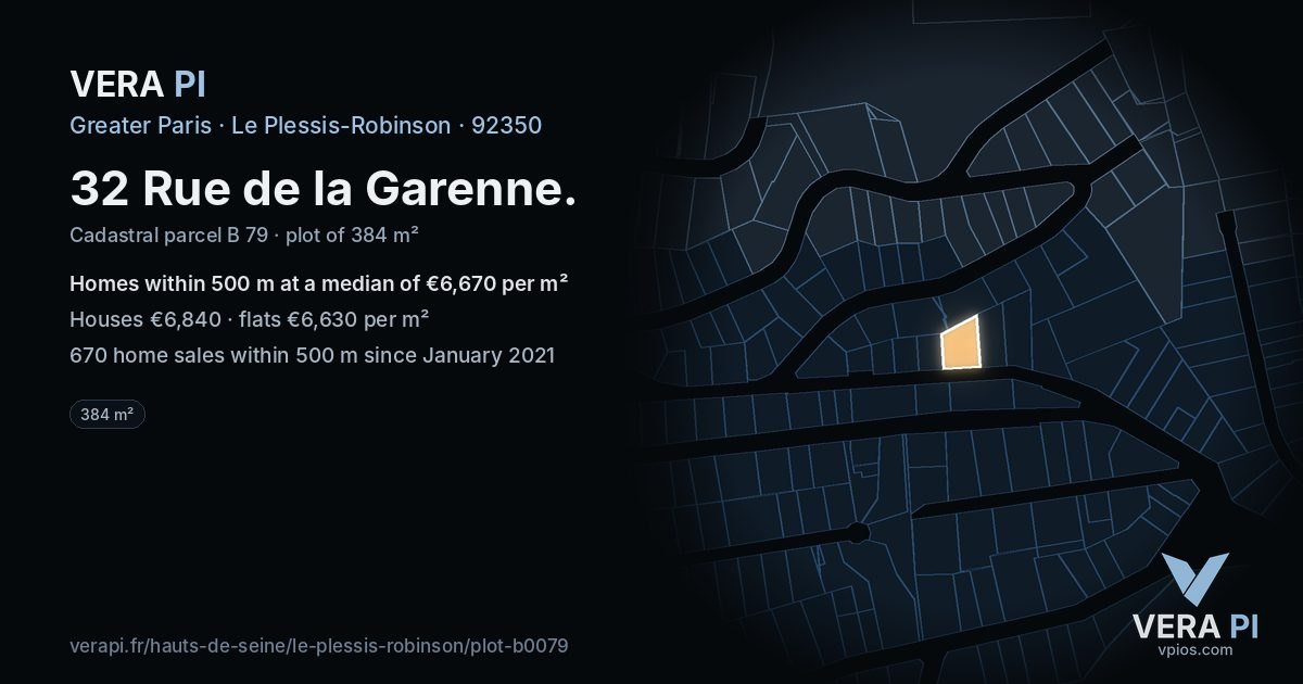 32 Rue de la Garenne, Le Plessis-Robinson at night – the plot lit, the parcels around coloured by the prices near them