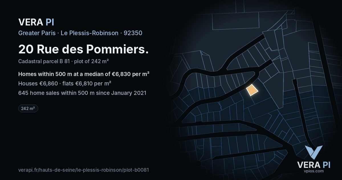 20 Rue des Pommiers, Le Plessis-Robinson at night – the plot lit, the parcels around coloured by the prices near them