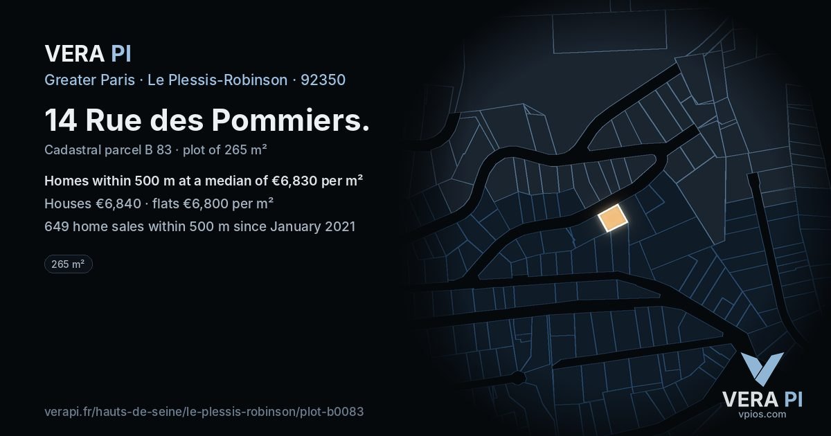 14 Rue des Pommiers, Le Plessis-Robinson at night – the plot lit, the parcels around coloured by the prices near them