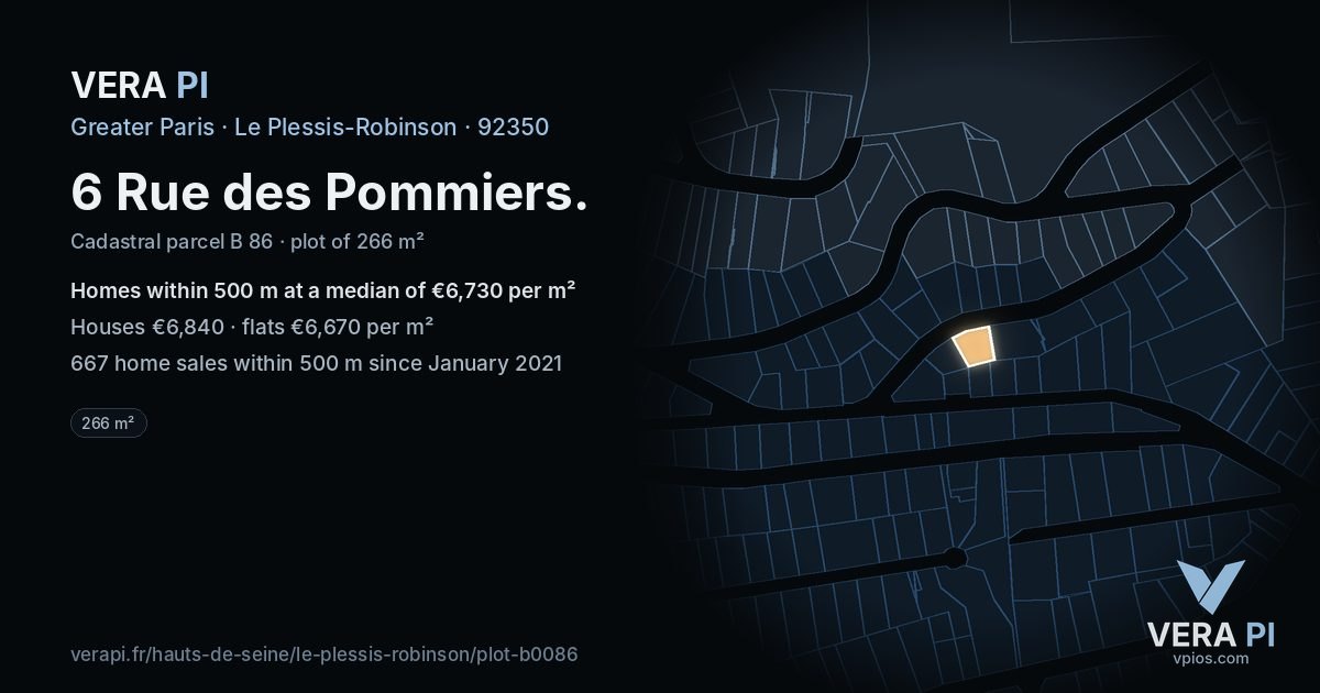 6 Rue des Pommiers, Le Plessis-Robinson at night – the plot lit, the parcels around coloured by the prices near them